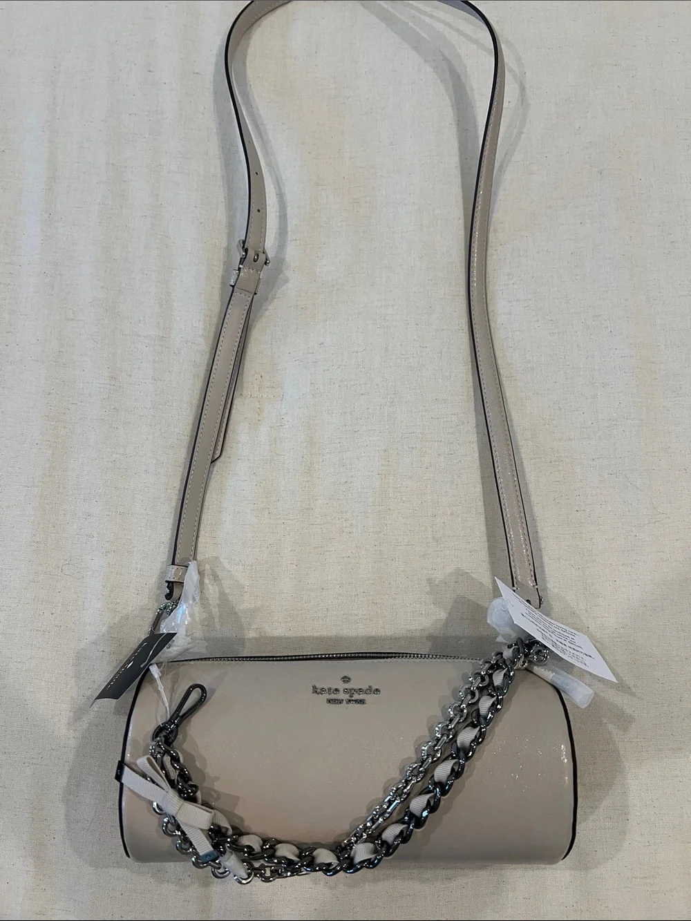 Kate Spade Light Gray Pebbled Leather Chain-Trim Crossbody
